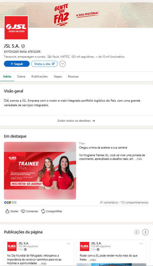LinkedIn da JSL com página institucional e conteúdo em destaque